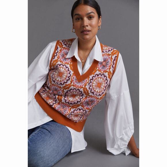 Anthropologie Maeve Vera Honey Brown Combo Jacquard Sweater Vest - Picture 1 of 8